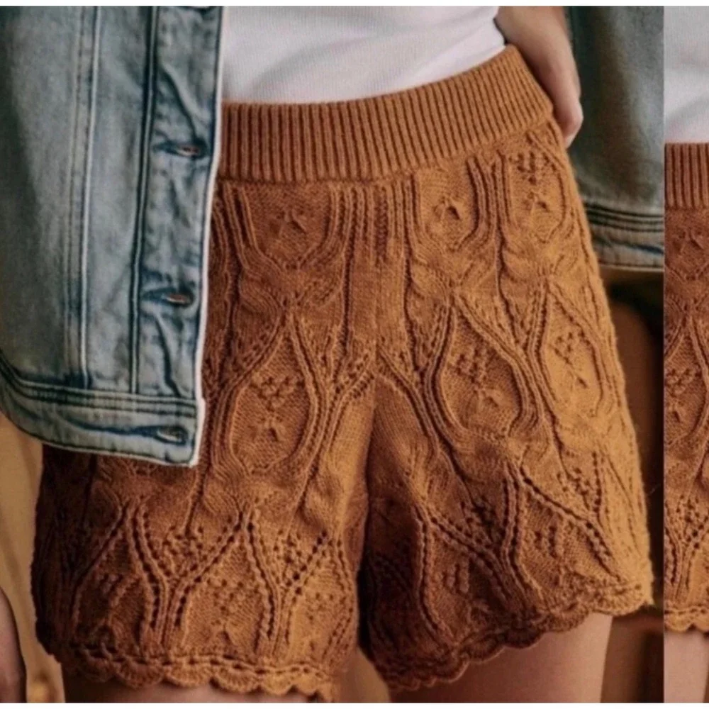 Sezane Knit Shorts Women S Rust Orange Pointelle Baby Alpaca Blend Scalloped Hem